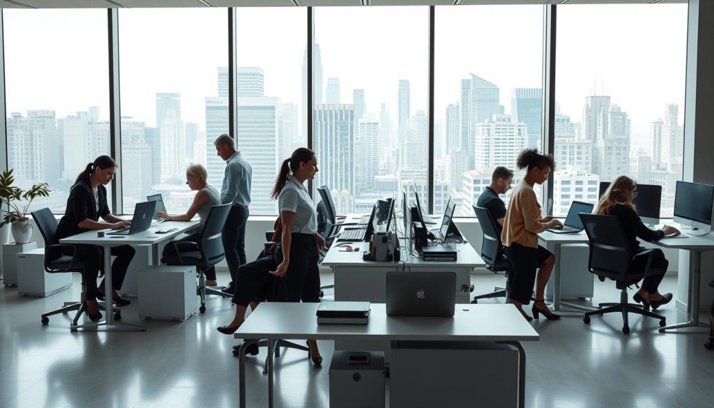 A modern, minimalist office scene showcasing a variety of digital professions eligible for the UMALIS GROUP's salarial portage service. In the foreground, a group of diverse professionals collaborating over laptops and digital devices, conveying the flexibility and security of the service. The middle ground features sleek, contemporary workstations and equipment, while the background is filled with large windows overlooking a bustling city skyline, creating a sense of urban dynamism. The lighting is soft and natural, highlighting the professionalism and productivity of the scene. The overall mood is one of efficiency, innovation, and the empowerment of digital workers.