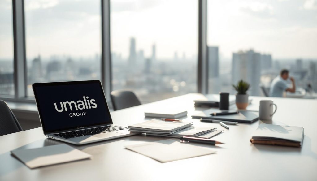 A modern, minimalist office scene with a Umalis Group branded laptop, papers, and office supplies scattered on a clean white desk. Soft, diffused natural lighting illuminates the scene, casting gentle shadows. The background features a blurred city skyline through a large window, suggesting a remote work setup. The overall atmosphere is professional, focused, and reflective of the "frais professionnels" theme.