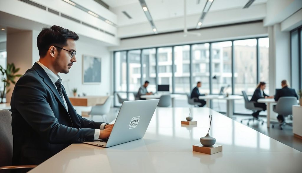 A modern, minimalist office setting with a bright, airy atmosphere. In the foreground, a well-dressed professional sits at a sleek, minimalist desk, working on a laptop emblazoned with the "Umalis Group" logo. The workspace is accented with subtle, tasteful decor, conveying a sense of productivity and efficiency. The middle ground features an open floor plan, with other professionals engaged in various tasks, highlighting the collaborative nature of the "portage salarial" concept. The background showcases large windows, allowing natural light to flood the space and create a sense of openness and professionalism. The overall mood is one of calm, focused productivity, reflecting the advantages of the "portage salarial" employment model.