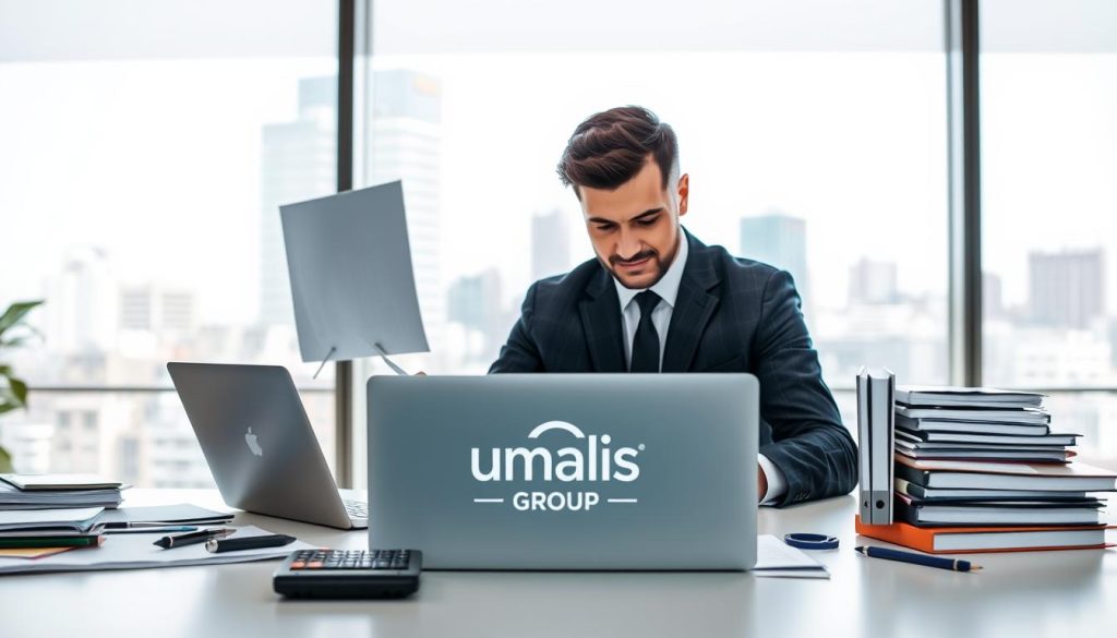 A modern, minimalist office setting with a clean, organized desk featuring the Umalis Group logo prominently displayed. In the foreground, a person in a suit reviewing documents, their expression conveying focus and diligence. The middle ground showcases various administrative tools and supplies, such as a laptop, calculator, and neatly arranged files. The background features large windows overlooking a cityscape, creating a sense of professionalism and efficiency. The lighting is soft and natural, creating a warm, productive atmosphere. The overall composition and attention to detail reflects the importance of effective administrative and financial management in the world of "portage salarial". A modern, minimalist office setting with a clean, organized desk featuring the Umalis Group logo prominently displayed. In the foreground, a person in a suit reviewing documents, their expression conveying focus and diligence. The middle ground showcases various administrative tools and supplies, such as a laptop, calculator, and neatly arranged files. The background features large windows overlooking a cityscape, creating a sense of professionalism and efficiency. The lighting is soft and natural, creating a warm, productive atmosphere. The overall composition and attention to detail reflects the importance of effective administrative and financial management in the world of "portage salarial".