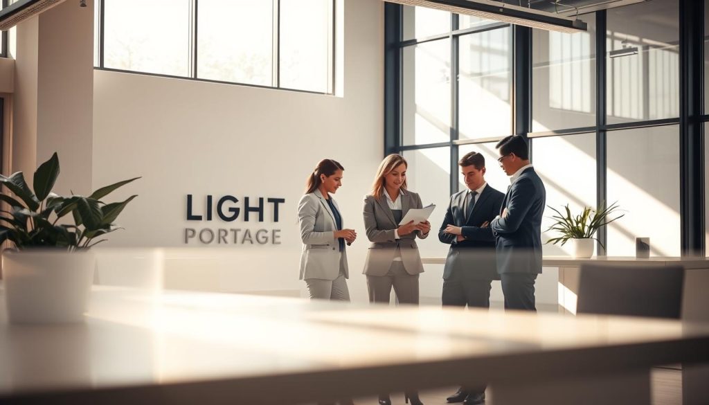 A modern, minimalist office setting with a clean, professional atmosphere. The focal point is a team of skilled professionals from the LIGHT PORTAGE company, dressed in business attire, collaborating on a project. The scene is illuminated by soft, natural lighting filtering through large windows, casting a warm glow. In the background, the company's logo and branding elements are subtly integrated, creating a cohesive visual identity. The overall composition conveys a sense of competence, efficiency, and a collaborative work environment.