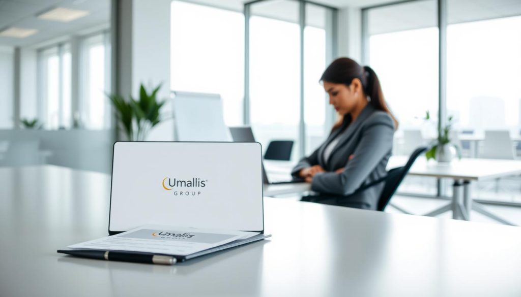 A modern, minimalist office setting with a focus on administrative tasks and remote work support. In the foreground, a sleek, ergonomic desk with a laptop, pen, and documents showcasing the "Umalis Group" brand. Behind it, a medium-shot of a professional person in business attire, concentrating on their work. The background features floor-to-ceiling windows allowing soft, natural lighting to illuminate the space, creating a calming and productive atmosphere. The overall scene conveys the efficiency, flexibility, and security of the "Portage salarial" service, tailored for executive-level clients.
