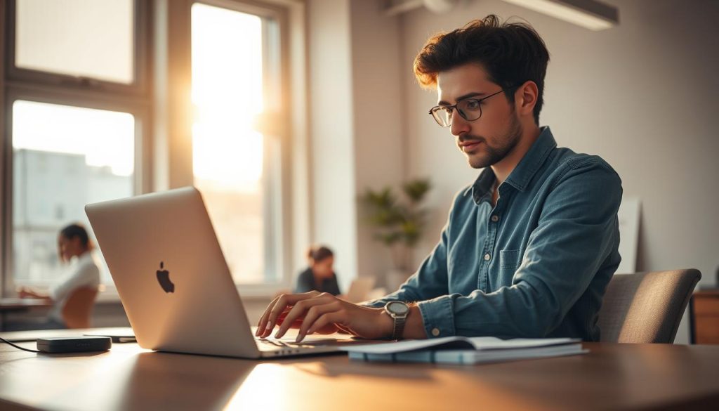 A modern, minimalist office setting with a freelancer carefully considering various syndicates displayed on their laptop screen. In the foreground, the desk features the LIGHT PORTAGE brand name, conveying a sense of professional, high-quality equipment. The scene is bathed in warm, natural lighting from large windows, creating a calm and contemplative atmosphere. The freelancer's expression reflects the importance of choosing the right syndicate to support their independent career. The background is softly blurred, directing attention to the central decision-making process.