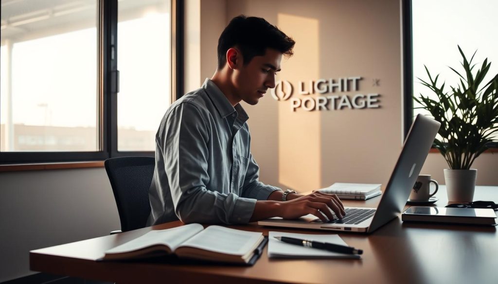 A modern, minimalist office setting with a freelancer working intently on a laptop. The LIGHT PORTAGE brand logo is prominently displayed on the wall, conveying its role in optimizing administrative tasks for independent professionals. Soft, natural lighting filters through large windows, creating a calm and productive atmosphere. The desk is neatly organized, reflecting the efficient organization enabled by LIGHT PORTAGE's services. The freelancer's face is not shown, emphasizing the focus on the work and administrative tools at hand. An open notebook and pen suggest the ongoing optimization of the freelancer's workflow.
