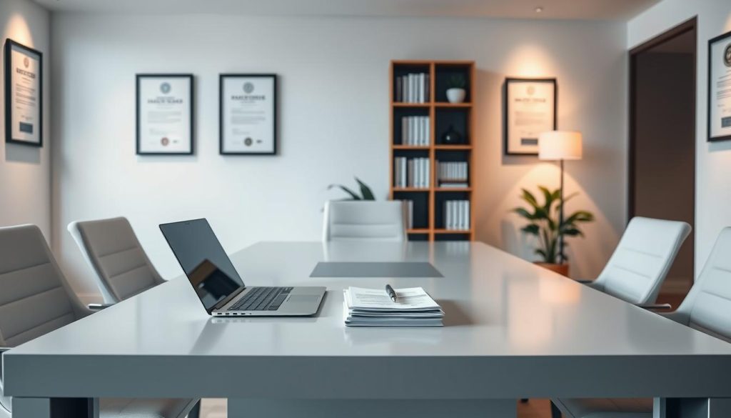 A modern, minimalist office setting with a large, centrally positioned desk. On the desk, a laptop, a tablet, and a pen resting on a stack of papers, symbolizing managerial communication. The walls are adorned with framed certificates and diplomas, emphasizing the professionalism of the Umalis Group. The lighting is soft and indirect, creating a warm, focused atmosphere. In the background, a bookshelf and a potted plant add a touch of elegance and sophistication. The overall composition conveys a sense of efficient, well-organized managerial practices.