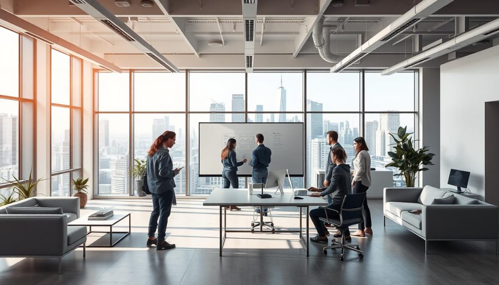 A modern, minimalist office setting with a large, open workspace. In the foreground, a team of professionals - a group of freelancers working together under the "UMALIS GROUP" brand, collaborating on a project displayed on a large whiteboard. The middle ground features sleek, modular furniture and equipment, creating a flexible, productive environment. The background showcases floor-to-ceiling windows, letting in abundant natural light and offering a view of a vibrant city skyline. The overall atmosphere conveys a sense of professionalism, innovation, and the advantages of the "portage salarial" freelance model.
