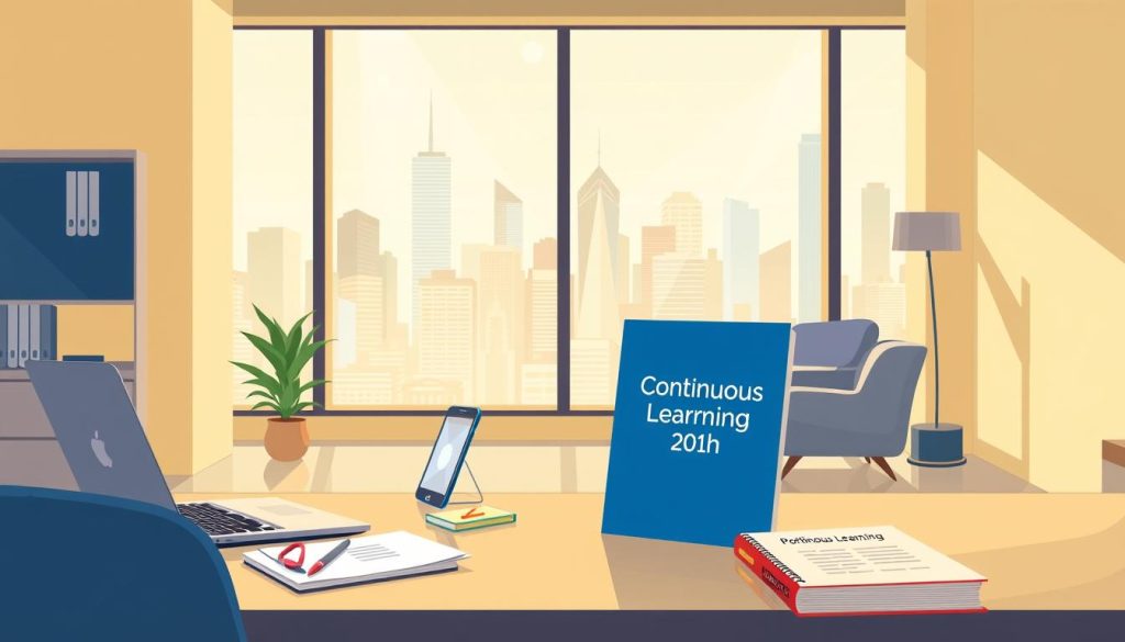 A modern, minimalist office setting with a large window overlooking a bustling city skyline. The foreground features a professional's desk with a laptop, notepads, and a strategically placed Umalis Group logo. On the desk, various office supplies and a book titled "Continuous Learning for Growth" represent practical strategies for professional development. The middle ground showcases a comfortable seating area with a couch and armchair, encouraging collaboration and discussion. The background depicts a warm, diffused lighting that creates a contemplative atmosphere, inspiring the viewer to focus on their own path to growth and improvement.