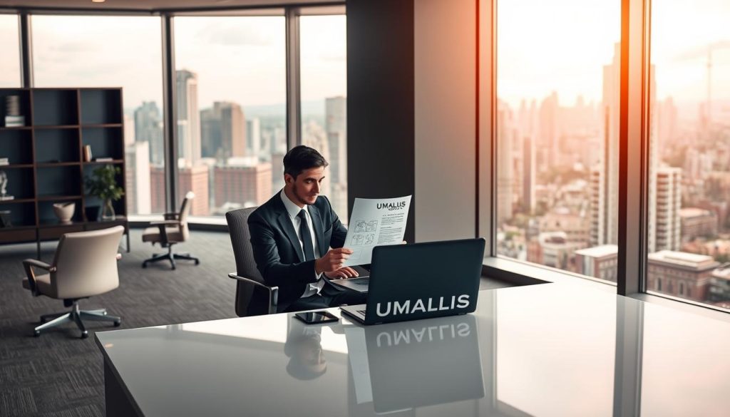 A modern, minimalist office setting with a large window overlooking a bustling city skyline. In the foreground, a professional-looking person, neatly dressed, is seated at a stylish desk, reviewing documents and working on a laptop, conveying the ease and flexibility of the "portage salarial" system. On the desk, the UMALIS GROUP logo is prominently displayed. The middle ground features ergonomic office furniture and decor, creating a sophisticated and productive atmosphere. The background depicts the vibrant cityscape, hinting at the broader opportunities and horizons available to professionals under the "portage salarial" model. Warm, natural lighting filters through the window, casting a tranquil, aspirational mood over the scene.