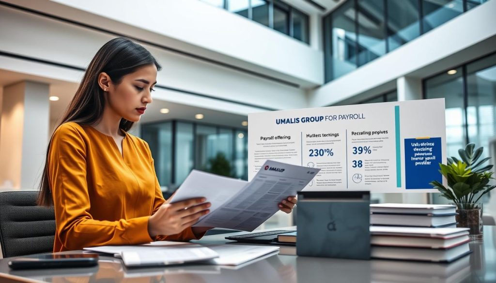 A modern, minimalist office setting with a neatly organized desk featuring the UMALIS GROUP brand prominently displayed. In the foreground, a young professional is carefully considering documents related to selecting a suitable payroll services provider. The middle ground showcases various service offerings and statistics about the payroll industry. The background features sleek, contemporary architecture with clean lines and large windows, creating a sense of professionalism and stability. The overall mood is one of thoughtful decision-making, with a focus on finding the right fit for one's career needs.