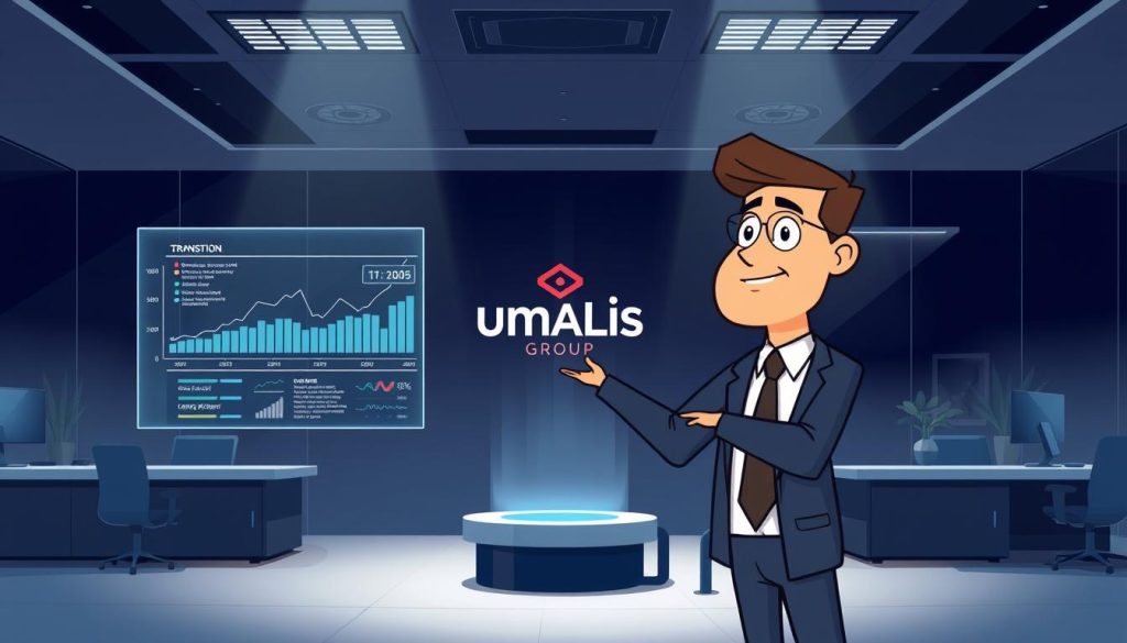 A modern, minimalist office setting with a sleek and sophisticated ambiance. In the foreground, a professional-looking person, representing an M&A advisory SME, stands confidently, dressed in a sharp suit and tie. They are gesturing towards a holographic display showcasing financial data and transition timelines. The middle ground features the Umalis Group logo, conveying the advisory firm's expertise and branding. The background is filled with geometric shapes, clean lines, and subtle lighting, creating a sense of technology and progress. The overall mood is one of competence, efficiency, and a forward-thinking approach to business consulting. A modern, minimalist office setting with a sleek and sophisticated ambiance. In the foreground, a professional-looking person, representing an M&A advisory SME, stands confidently, dressed in a sharp suit and tie. They are gesturing towards a holographic display showcasing financial data and transition timelines. The middle ground features the Umalis Group logo, conveying the advisory firm's expertise and branding. The background is filled with geometric shapes, clean lines, and subtle lighting, creating a sense of technology and progress. The overall mood is one of competence, efficiency, and a forward-thinking approach to business consulting.