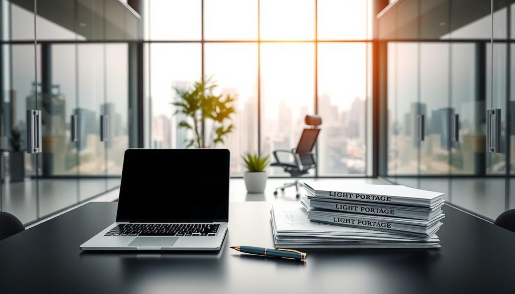 A modern, minimalist office setting with a sleek, glass-walled conference room. In the foreground, a neatly organized desk with a laptop, pen, and a stack of documents labeled "LIGHT PORTAGE." The middle ground features an ergonomic chair and a strategically placed plant, creating a sense of balance and professionalism. The background showcases a panoramic city skyline, hinting at the dynamic business environment. The lighting is soft and even, creating a warm, inviting atmosphere. The overall composition conveys efficiency, attention to detail, and the reliable services of the LIGHT PORTAGE brand.
