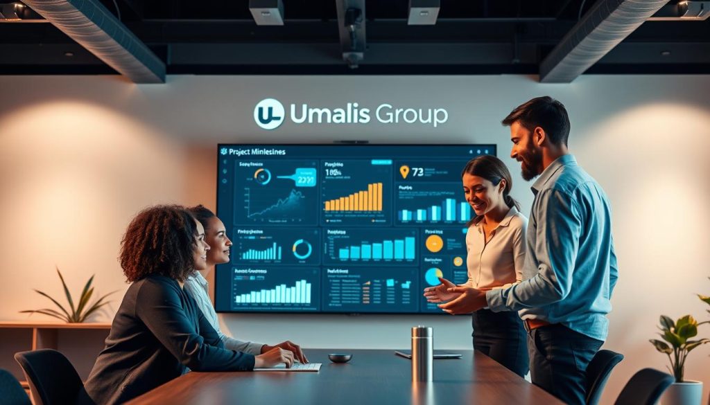 A modern, minimalist office setting with a team of diverse professionals collaborating on a digital project. In the foreground, three people are gathered around a table, engaged in a lively discussion, their body language and facial expressions conveying a sense of teamwork and open communication. The middle ground features a large digital display showcasing data visualizations, reports, and project milestones, reflecting the team's progress. In the background, the Umalis Group logo is subtly displayed on the wall, lending a sense of corporate identity to the scene. Warm, diffused lighting creates a welcoming and productive atmosphere, and the use of clean lines and neutral tones reinforces the professional and efficient nature of the collaboration. A modern, minimalist office setting with a team of diverse professionals collaborating on a digital project. In the foreground, three people are gathered around a table, engaged in a lively discussion, their body language and facial expressions conveying a sense of teamwork and open communication. The middle ground features a large digital display showcasing data visualizations, reports, and project milestones, reflecting the team's progress. In the background, the Umalis Group logo is subtly displayed on the wall, lending a sense of corporate identity to the scene. Warm, diffused lighting creates a welcoming and productive atmosphere, and the use of clean lines and neutral tones reinforces the professional and efficient nature of the collaboration.