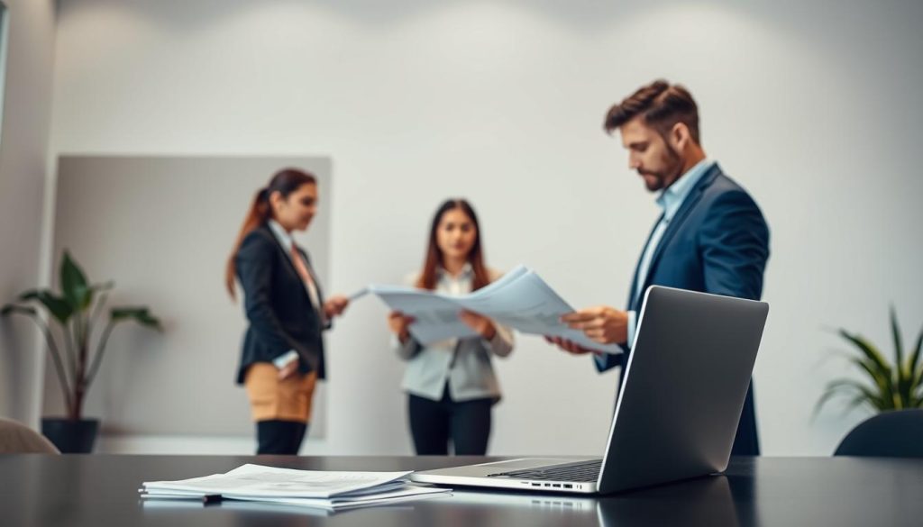 A modern, minimalist office setting with innovative staffing solutions from Umalis Group. In the foreground, a sleek laptop and documents symbolize the seamless digital workflow of remote employment. In the middle, a professional team in business attire discuss collaborative project plans, conveying the flexible and secure nature of their consultancy services. The background features abstract geometric shapes and a muted color palette, creating a sense of efficiency and dynamism. Soft, directional lighting enhances the contemporary, high-tech atmosphere. The overall mood is one of progressive, technology-driven human resource management. A modern, minimalist office setting with innovative staffing solutions from Umalis Group. In the foreground, a sleek laptop and documents symbolize the seamless digital workflow of remote employment. In the middle, a professional team in business attire discuss collaborative project plans, conveying the flexible and secure nature of their consultancy services. The background features abstract geometric shapes and a muted color palette, creating a sense of efficiency and dynamism. Soft, directional lighting enhances the contemporary, high-tech atmosphere. The overall mood is one of progressive, technology-driven human resource management.