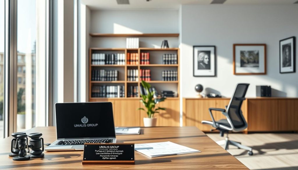 A modern, minimalist office setting with natural lighting streaming through large windows. In the foreground, a desk with a laptop, documents, and a stylish UMALIS GROUP logo plaque. The middle ground features a potted plant and a sleek ergonomic office chair. The background showcases a bookshelf filled with legal tomes and framed artwork on the walls, conveying an atmosphere of professionalism and expertise. The overall scene reflects the subject of "Portage salarial et droit du travail" and the section title "Les conditions d'exercice du portage salarial".