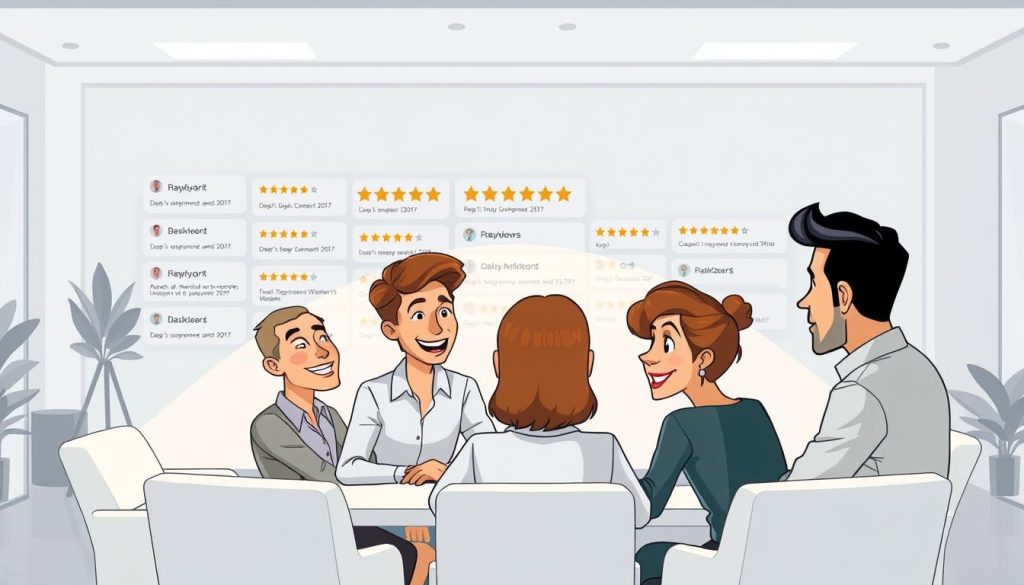 A modern, minimalist office setting with sleek, contemporary furniture and clean lines. In the foreground, a group of people gathered around a table, engaged in animated conversation, their expressions conveying a sense of trust and confidence. Soft, directional lighting illuminates their faces, creating a warm, inviting atmosphere. In the background, a large, stylized graphic depicts an array of positive customer reviews and ratings, symbolizing the power of social proof. The scene evokes a sense of professionalism, authenticity, and the impact of customer testimonials in building credibility.