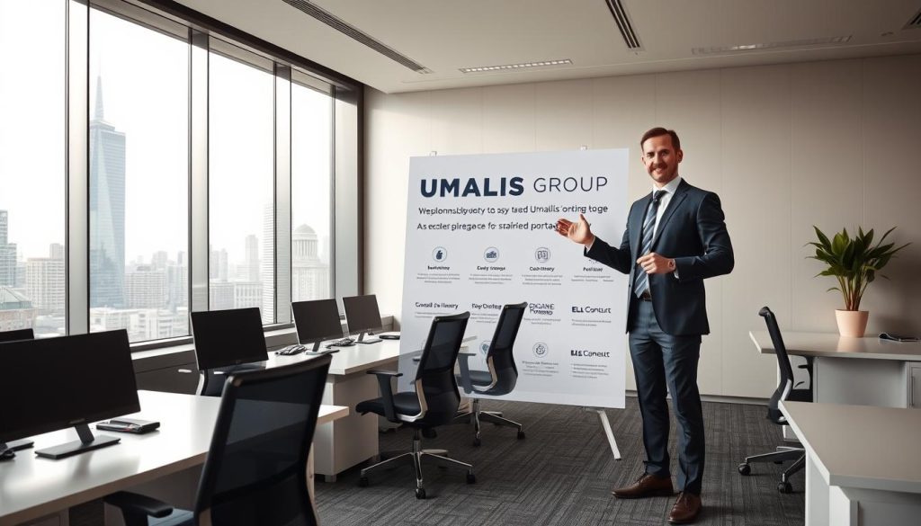 A modern, minimalist office setting with sleek desks, ergonomic chairs, and a large window overlooking a bustling city skyline. In the foreground, a well-dressed professional stands, gesturing towards a display board showcasing the UMALIS GROUP brand and its complementary services for salaried portage. The lighting is soft and natural, creating a warm, professional atmosphere. The overall composition conveys a sense of productivity, expertise, and the comprehensive support offered by the UMALIS GROUP in the salaried portage industry.