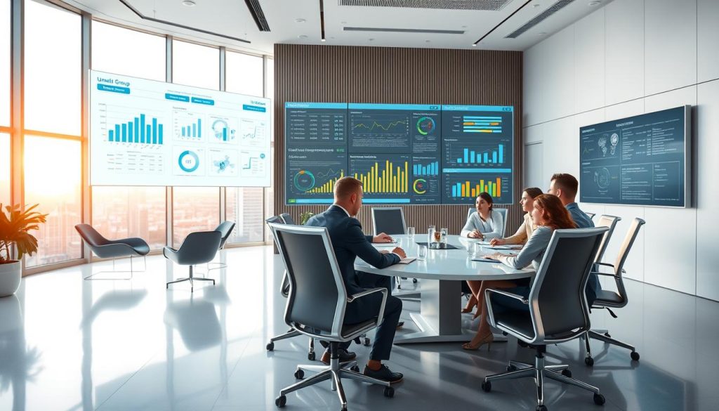 A modern, minimalist office setting with sleek, ergonomic furniture and clean lines. In the foreground, a team of Umalis Group professionals collaborate intently around a large conference table, their expressions focused as they discuss human resource management strategies. The middle ground features an array of organizational charts and performance metrics displayed on large digital screens, while the background showcases floor-to-ceiling windows with a cityscape view, bathing the scene in warm, natural light. The overall atmosphere conveys a sense of efficiency, innovation, and a commitment to optimizing human capital within the Umalis Group.