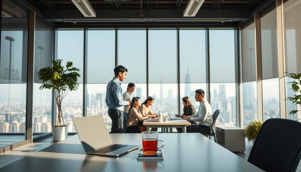 A modern, minimalist office space filled with natural light, showcasing the unique benefits of the "portage salarial" platform for Chinese professionals. In the foreground, a desk with a laptop, smartphone, and a cup of tea, reflecting the convenience and flexibility of remote work. The middle ground features a diverse team of Chinese employees collaborating on projects, emphasizing the platform's inclusive and supportive work environment. In the background, floor-to-ceiling windows offer a panoramic view of a vibrant city skyline, symbolizing the global reach and opportunities provided by the "portage salarial" platform. The overall atmosphere is one of productivity, collaboration, and a sense of boundless potential.