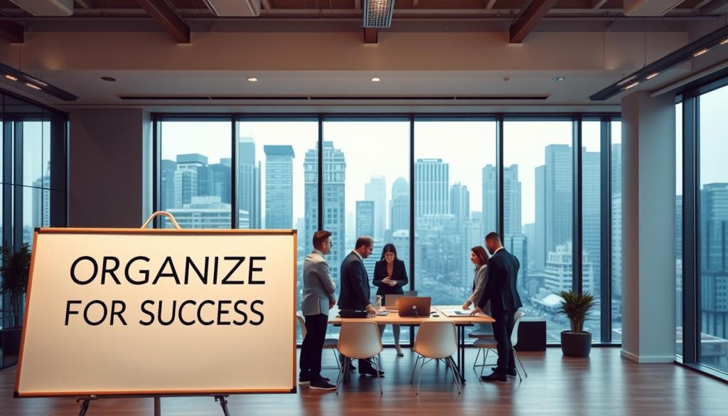 A modern, minimalist office space with a large whiteboard in the foreground, displaying the text "ORGANIZE FOR SUCCESS" in a clean, bold font. In the middle ground, a team of professionals in business attire, collaborating around a conference table, their faces focused and engaged. Overhead lighting casts a warm, productive glow, and the background features floor-to-ceiling windows overlooking a bustling city skyline. The LIGHT PORTAGE brand logo is subtly displayed on the whiteboard, conveying a sense of organized, strategic marketing.