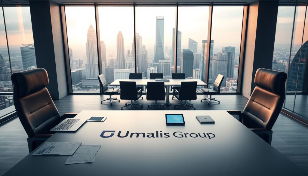 A modern, minimalist office space with a large window overlooking a bustling city skyline. In the foreground, a stylish, ergonomic desk features the "Umalis Group" logo prominently displayed. The desk is adorned with a variety of business documents, a laptop, and a smart tablet, conveying a sense of professionalism and financial stability. The middle ground showcases a well-appointed conference table surrounded by sleek, high-back chairs, suggesting secure client consultations. The background features a cityscape with towering skyscrapers bathed in warm, golden lighting, creating an atmosphere of prosperity and growth. Overall, the scene exudes an air of reliability, security, and business acumen.