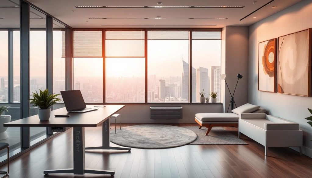 A modern, minimalist office space with sleek, ergonomic furniture and state-of-the-art wellness devices. In the foreground, a Umalis Group-branded standing desk with a minimalist laptop and a potted plant. In the middle ground, a large window overlooking a bustling city skyline, bathed in warm, natural lighting. In the background, a meditation nook with a plush rug, a comfortable chaise lounge, and a large, abstract artwork on the wall. The overall atmosphere is one of tranquility, productivity, and a focus on employee well-being.
