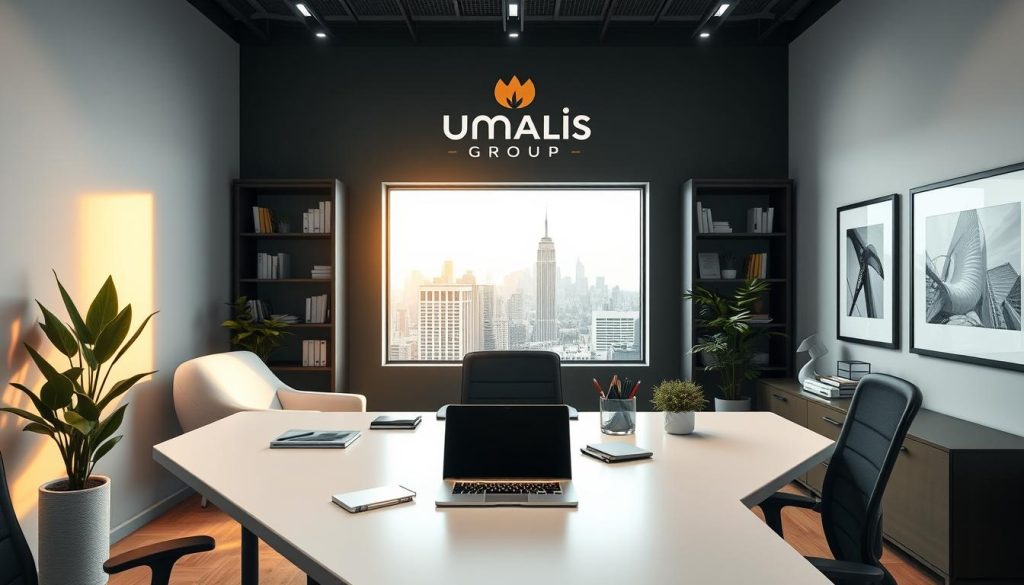 A modern, minimalist office space with the Umalis Group brand prominently displayed. The foreground features a clean, angular desk with a sleek laptop, a plant, and a well-organized stationery setup. The middle ground showcases a large window overlooking a bustling city skyline, bathing the room in warm, diffused natural light. In the background, stylish bookshelves and framed art pieces add a touch of sophistication. The overall atmosphere conveys a sense of productivity, professionalism, and efficiency - the ideal environment for a successful portage salarial organization. A modern, minimalist office space with the Umalis Group brand prominently displayed. The foreground features a clean, angular desk with a sleek laptop, a plant, and a well-organized stationery setup. The middle ground showcases a large window overlooking a bustling city skyline, bathing the room in warm, diffused natural light. In the background, stylish bookshelves and framed art pieces add a touch of sophistication. The overall atmosphere conveys a sense of productivity, professionalism, and efficiency - the ideal environment for a successful portage salarial organization.