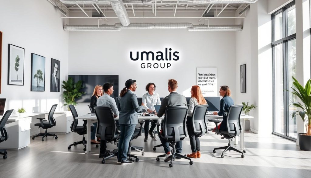A modern, minimalist office space with the Umalis Group logo prominently displayed. The room is filled with natural light, creating a bright and airy atmosphere. Ergonomic desks and chairs are arranged in a collaborative layout, fostering open communication and teamwork. The walls are adorned with inspiring artwork and motivational quotes, reflecting the assertive and professional nature of the workplace. In the foreground, a group of employees engage in a lively discussion, their body language and facial expressions conveying confidence and assertiveness. The overall scene exudes a sense of productivity, efficiency, and a thriving professional environment.