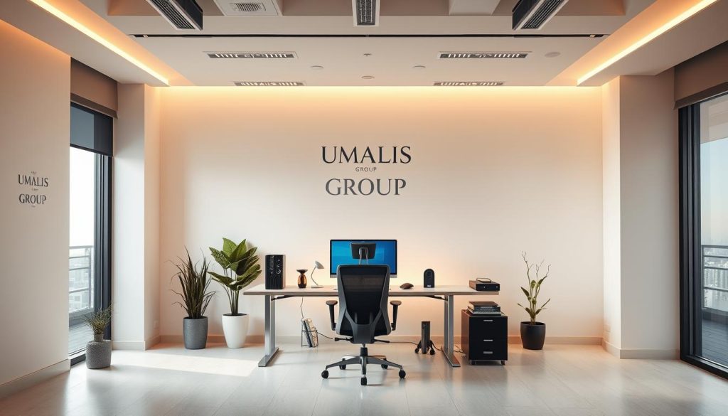 A modern, minimalist office space with the sleek, professional branding of UMALIS GROUP prominently displayed on the walls. The focal point is a sophisticated desk setup, featuring a high-quality desktop computer, stylish ergonomic chair, and impeccably organized desk accessories. Warm, diffused lighting casts a cozy, productive atmosphere, while large windows provide ample natural illumination. The overall aesthetic conveys a sense of efficiency, innovation, and entrepreneurial spirit befitting a successful single-person business enterprise.