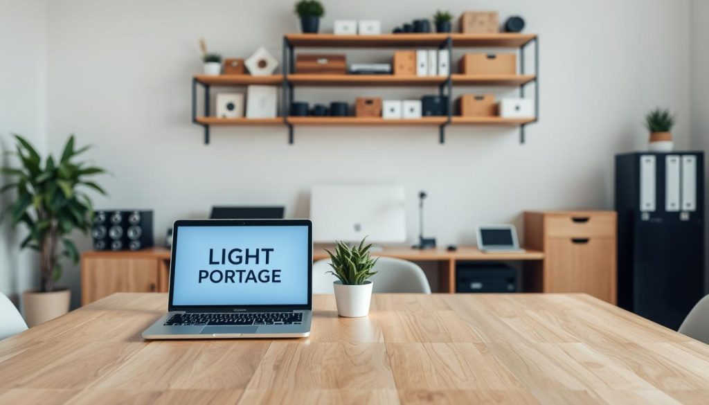 A modern, minimalist office workspace with a central wooden desk, a potted plant, and a laptop displaying the LIGHT PORTAGE brand logo. In the background, shelves hold various work-related items, creating a tidy, organized environment. Soft, even lighting illuminates the scene, conveying a sense of focus and productivity. The camera angle is slightly elevated, providing a clean, uncluttered view of the workspace, encouraging the viewer to explore and utilize the resources within.