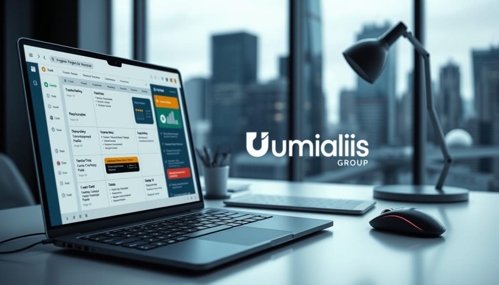 A modern, minimalist project management dashboard with clean lines and a sleek, professional appearance. In the foreground, a laptop display shows a kanban board with tasks, deadlines, and progress indicators. In the middle ground, an ergonomic desk setup with a wireless mouse, stylish desk accessories, and the Umalis Group logo prominently displayed. The background features a blurred cityscape with skyscrapers, hinting at a bustling urban environment. The overall mood is one of efficiency, organization, and a sense of control over complex projects. Soft, even lighting creates a calm, focused atmosphere.