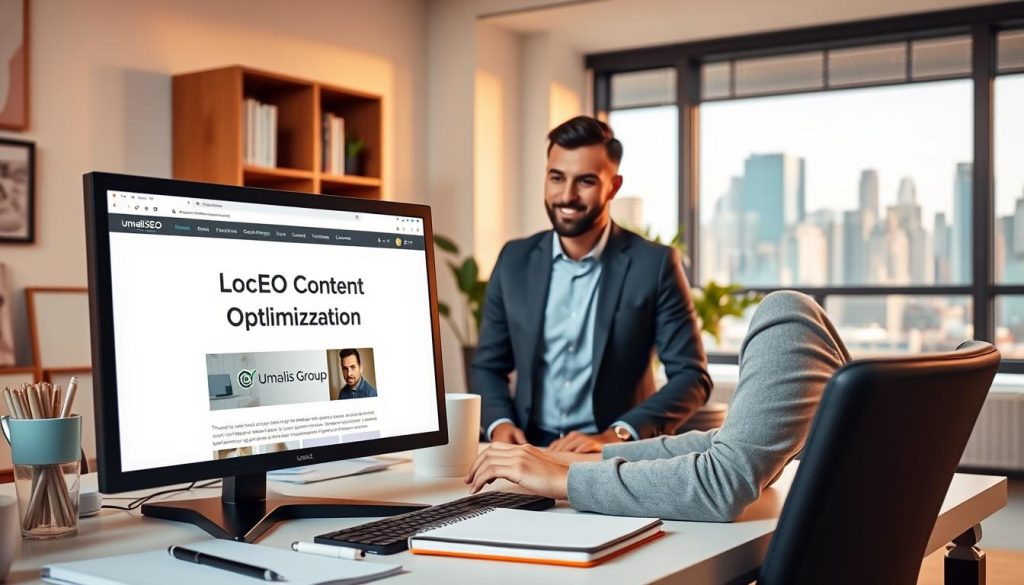 A modern, minimalist-style office setting with a desktop computer, a notebook, and various office supplies. In the foreground, the screen displays a web page with the title "Local SEO Content Optimization" and the Umalis Group logo. The middle ground features a person, dressed in business casual attire, typing on the keyboard, with a focused expression. The background showcases a bookshelf, a plant, and a large window overlooking a bustling city skyline, creating a sense of a productive and well-designed workspace. The lighting is warm and natural, creating a pleasant and professional atmosphere.