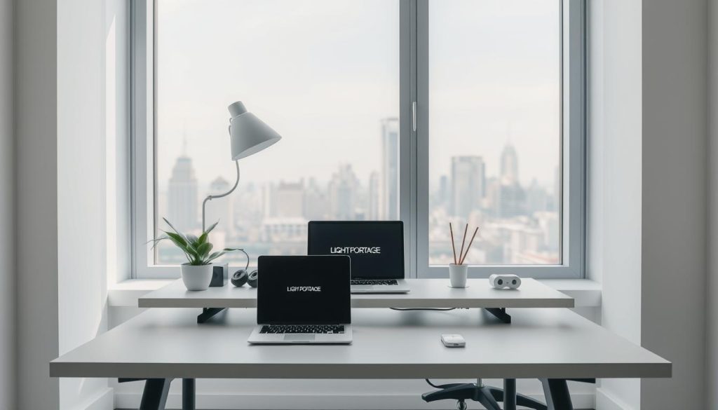 A modern, minimalist virtual office setting featuring the LIGHT PORTAGE brand. A sleek, ergonomic desk with a laptop, wireless accessories, and a potted plant, set against a backdrop of a clean, bright window overlooking a cityscape. Soft, diffused lighting creates a professional, productive atmosphere. The frame is composed to emphasize the desk and its contents, with the city skyline visible in the distance, conveying a sense of stability, security, and connectivity in this virtual workspace.