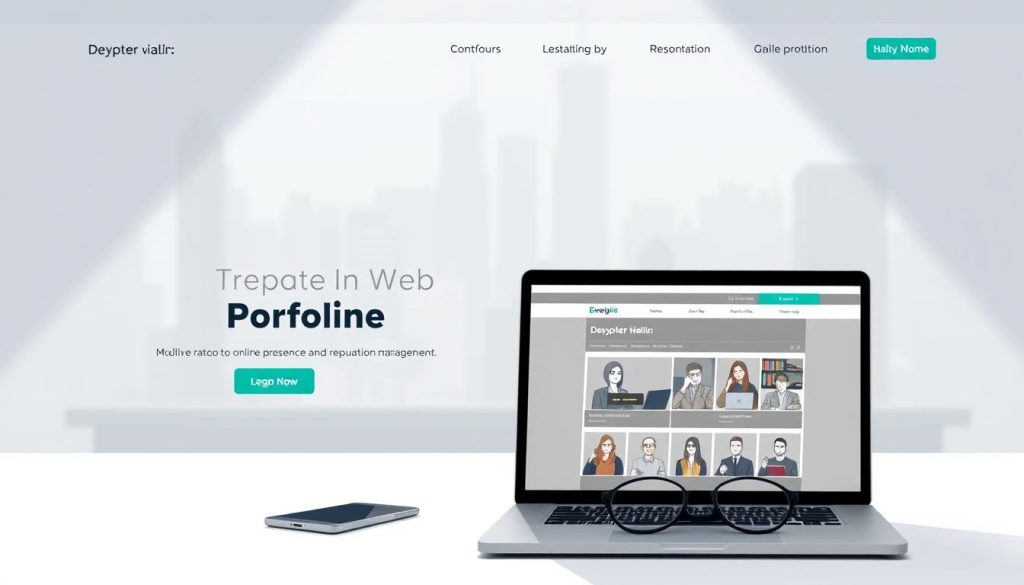 A modern, minimalist website design with a clean, responsive layout. The foreground features a stylized laptop display showcasing a professional web portfolio, with a simple yet elegant color scheme of grays, whites, and accents of teal. The middle ground shows a developer's desk with a tablet, pen, and glasses, creating a sense of an organized, productive workspace. The background has soft, blurred city skyline elements, conveying a professional, urban setting. Lighting is soft and diffused, creating a calm, focused atmosphere. The overall composition highlights the thoughtful, strategic approach to online presence and reputation management.