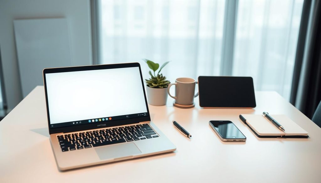 A modern, minimalist workspace with a collection of independent productivity applications neatly arranged on a sleek, light-colored desk. In the foreground, the "Light Portage" brand laptop is open, showcasing a clean, intuitive interface. Surrounding it are a tablet, a smartphone, a pen, and a notebook, all carefully positioned to create a harmonious, organized layout. The middle ground features a plant and a coffee mug, adding a touch of natural elements to the scene. The background is softly blurred, creating a sense of depth and focus on the essential tools. The overall mood is one of efficiency, organization, and a professional, independent work style.