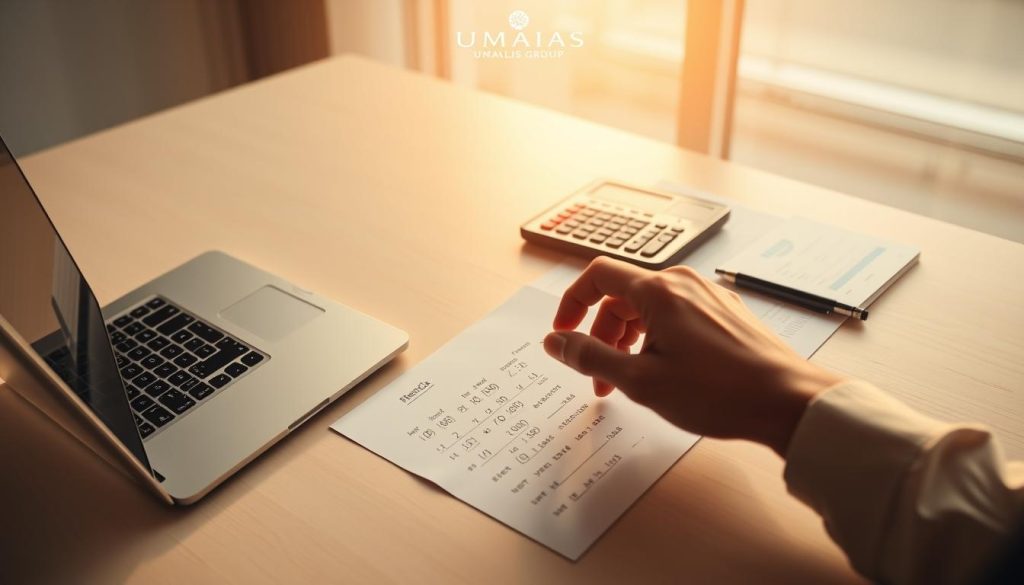 A modern, minimalist workspace with a laptop, calculator, and financial documents on a clean, light wooden desk. Warm, natural lighting from a large window casts a soft glow, creating a contemplative atmosphere. A Umalis Group logo discreetly adorns the top corner. The focal point is a hand carefully working through the step-by-step process of calculating net salary, conveying the sense of precision and attention to detail required for this task.