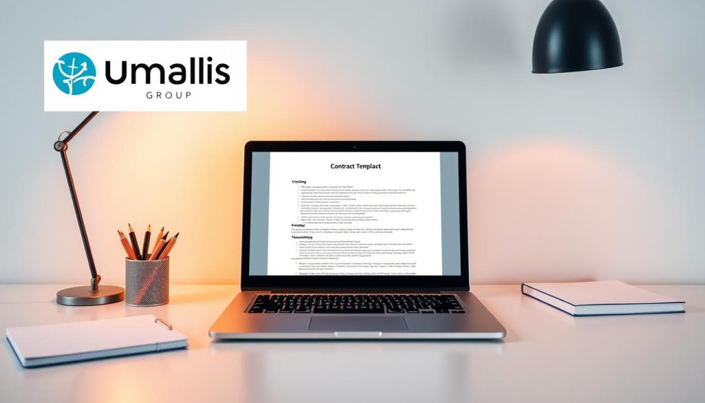 A modern, minimalist workspace with a laptop, stationery, and a stylized "Umalis Group" logo prominently displayed. The laptop screen shows a professional-looking contract template, conveying efficiency and organization. Warm, directional lighting illuminates the scene, creating a focused and productive atmosphere. The composition emphasizes the contract template as the central focus, with clean lines and a sleek, high-quality aesthetic. The overall mood is one of professionalism, attention to detail, and a seamless, user-friendly experience.