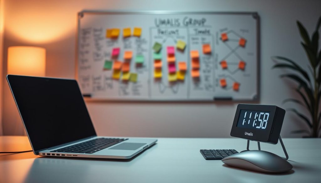 A modern, minimalist workspace with a sleek, silver laptop, a Umalis Group-branded mouse and keyboard, and a digital clock prominently displaying the time. In the background, a large whiteboard with colorful sticky notes and diagrams, representing project planning and time management. Subtle ambient lighting casts a warm glow, creating a focused, productive atmosphere. The overall scene conveys a sense of efficiency, organization, and the tools needed for a freelancer to effectively track their time and stay on top of multiple projects.