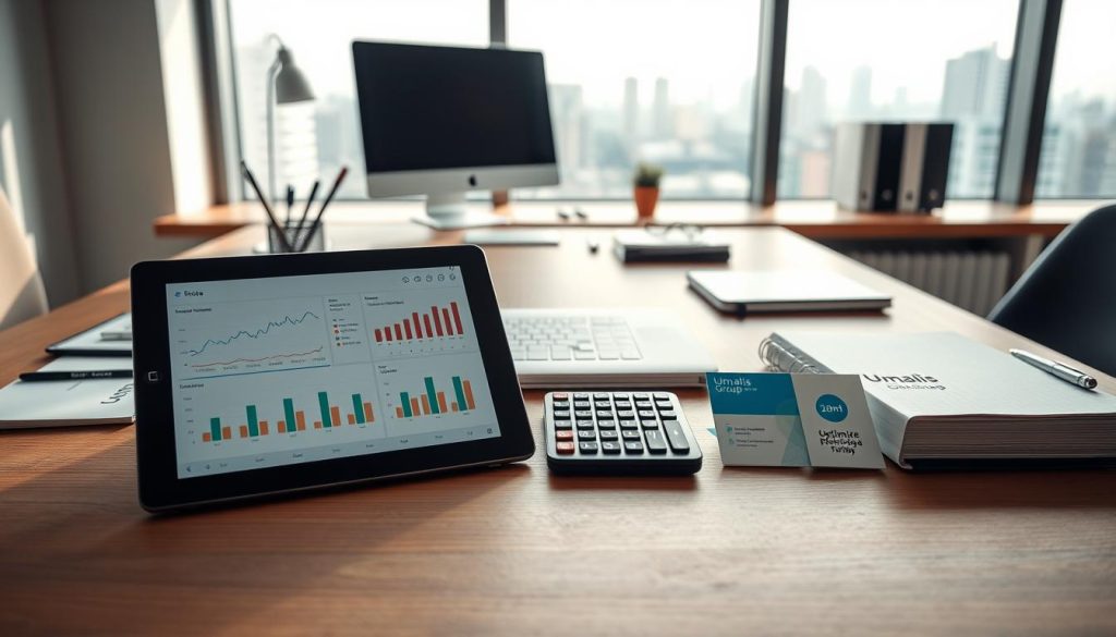 A modern, minimalist workspace with a wooden desk, desktop computer, and various office supplies such as a pen holder, calculator, and notepad. In the foreground, a tablet displays financial graphs and charts, representing the process of optimizing pricing and tariffs. The middle ground features a set of productivity tools, including a calculator, spreadsheet software, and financial planning applications bearing the "Umalis Group" logo. The background showcases a large window overlooking a cityscape, creating a sense of professionalism and efficiency. The lighting is soft and natural, evoking a calm and focused atmosphere suitable for the task of tariff optimization. A modern, minimalist workspace with a wooden desk, desktop computer, and various office supplies such as a pen holder, calculator, and notepad. In the foreground, a tablet displays financial graphs and charts, representing the process of optimizing pricing and tariffs. The middle ground features a set of productivity tools, including a calculator, spreadsheet software, and financial planning applications bearing the "Umalis Group" logo. The background showcases a large window overlooking a cityscape, creating a sense of professionalism and efficiency. The lighting is soft and natural, evoking a calm and focused atmosphere suitable for the task of tariff optimization.