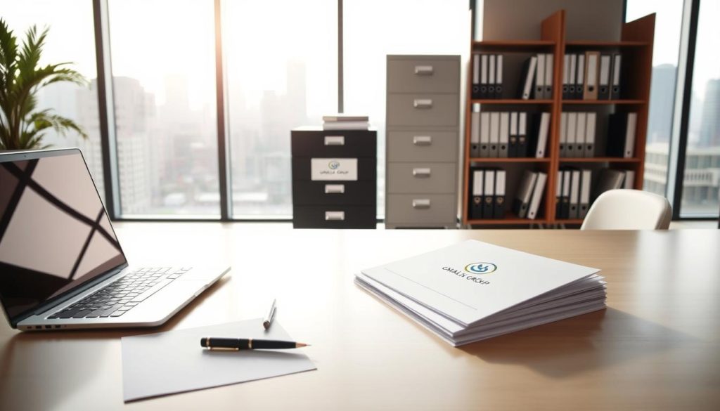 A modern, minimalistic office scene depicting administrative tasks related to the "portage salarial" (employee outsourcing) concept. In the foreground, a desk with a laptop, a stack of documents, and a pen. On the desk, the UMALIS GROUP logo is prominently displayed. In the middle ground, a filing cabinet and a bookshelf filled with relevant legal and financial documents. The background features large windows overlooking a cityscape, bathed in soft, natural lighting. The overall atmosphere conveys efficiency, professionalism, and attention to detail, reflecting the "Gestion Administrative et Aspects Financiers" section of the article.