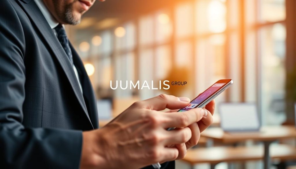 A modern mobile app user interface showcasing a seamless user experience design, placed prominently in the foreground. Visually depict a person in professional attire, engrossed in using a smartphone, demonstrating intuitive interactions with swipe gestures and touch controls. In the middle ground, display vibrant app screens with bright colors and interactive elements that highlight usability. The background features a stylish office environment with soft window light cascading in, creating a warm and inviting atmosphere. The mood should be dynamic yet professional, emphasizing innovation in UX/UI design. Include the brand name "UMALIS GROUP" subtly on the app screen to reinforce the theme of cutting-edge mobile application development. The image should focus on the feel of ergonomics and rapid accessibility. A modern mobile app user interface showcasing a seamless user experience design, placed prominently in the foreground. Visually depict a person in professional attire, engrossed in using a smartphone, demonstrating intuitive interactions with swipe gestures and touch controls. In the middle ground, display vibrant app screens with bright colors and interactive elements that highlight usability. The background features a stylish office environment with soft window light cascading in, creating a warm and inviting atmosphere. The mood should be dynamic yet professional, emphasizing innovation in UX/UI design. Include the brand name "UMALIS GROUP" subtly on the app screen to reinforce the theme of cutting-edge mobile application development. The image should focus on the feel of ergonomics and rapid accessibility.