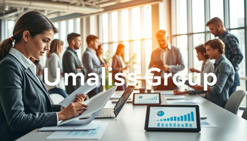 A modern office environment bustling with activity, featuring a diverse group of professionals engaged in project management related to "portage salarial." In the foreground, a focused woman in professional business attire is reviewing documents on a laptop, while a man in smart casual clothing is discussing project timelines with a colleague. The middle ground reveals a conference table with charts, graphs, and digital tablets displaying analytics. In the background, large windows let in natural light, illuminating the space and creating an open atmosphere. The mood is collaborative and productive, with a subtle focus on teamwork and stability in project management. Incorporate the brand name "Umalis Group" seamlessly into the scene, ensuring no text overlays or watermarks. Use soft, warm lighting to enhance a professional yet welcoming ambiance.