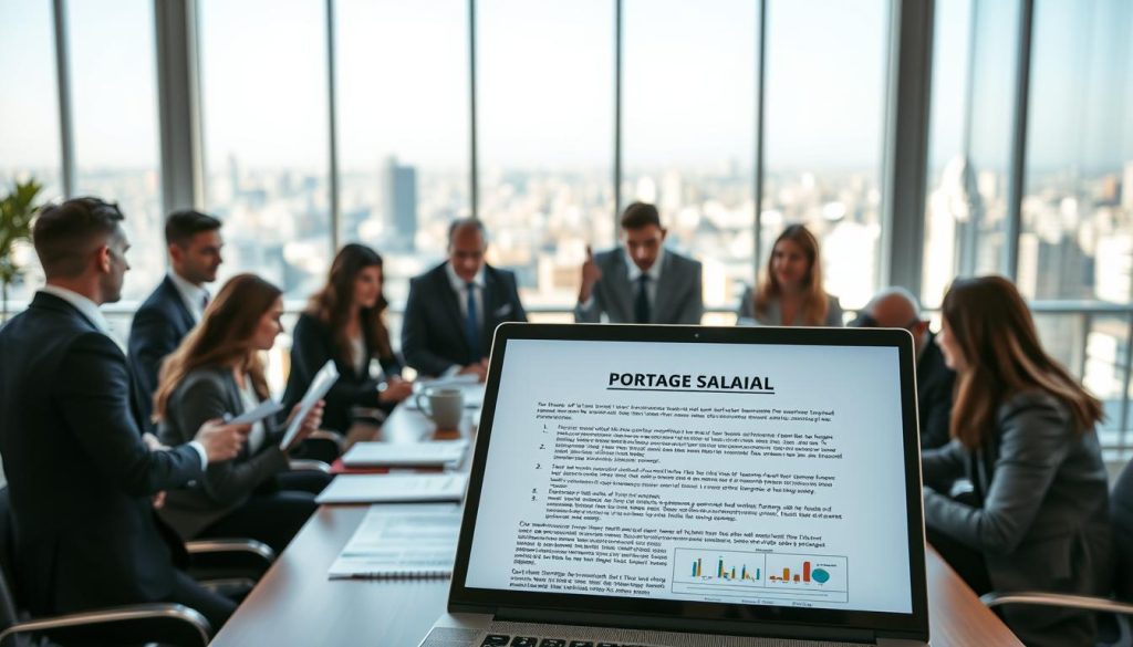 A modern office environment bustling with activity. In the foreground, a diverse group of professionals dressed in business attire are gathered around a large table, discussing a contract for "portage salarial" with documents and laptops open. The middle layer features a close-up of a legally formatted contract, prominently displaying the essential terms and conditions, with graphs and charts subtly visible on a laptop screen. The background shows a large window with sunlight streaming in, showcasing a view of a cityscape, adding vibrancy to the atmosphere. The mood is focused and collaborative, conveying a sense of professionalism and commitment to understanding the contractual modalities of portage salarial in France. The lighting is bright and inviting, enhancing the overall clarity of the scene. A modern office environment bustling with activity. In the foreground, a diverse group of professionals dressed in business attire are gathered around a large table, discussing a contract for "portage salarial" with documents and laptops open. The middle layer features a close-up of a legally formatted contract, prominently displaying the essential terms and conditions, with graphs and charts subtly visible on a laptop screen. The background shows a large window with sunlight streaming in, showcasing a view of a cityscape, adding vibrancy to the atmosphere. The mood is focused and collaborative, conveying a sense of professionalism and commitment to understanding the contractual modalities of portage salarial in France. The lighting is bright and inviting, enhancing the overall clarity of the scene.
