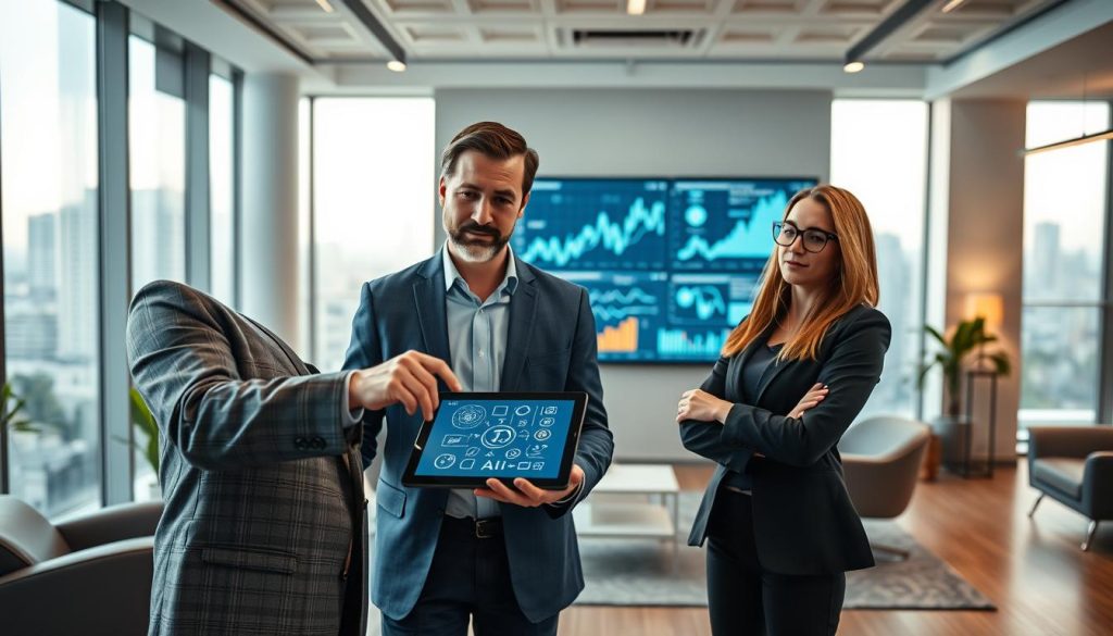 A modern office environment centered around a professional consultant working with a client on an AI project. In the foreground, a well-dressed consultant, a middle-aged man in a suit, gestures towards a digital tablet displaying AI algorithms. Beside him, a client in smart casual attire, a young woman with glasses, looks engaged and thoughtful. In the middle ground, a large display screen shows graphs and AI models, enhancing the tech ambiance. The background features a sleek office with soft natural lighting, large windows revealing a city skyline, and stylish furniture. The overall atmosphere should convey collaboration, innovation, and professionalism, with a subtle focus on the brand "UMALIS GROUP" integrated into the office design.