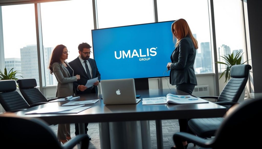 A modern office environment depicting a financial consulting scene focused on "entreprise portage". In the foreground, a diverse group of three professionals, a woman in business attire, a man in a suit, and a woman in smart casual clothing, engage in a discussion over documents and a laptop. The middle ground features a sleek conference table with financial reports and a logo of "UMALIS GROUP" prominently displayed on a presentation screen. The background includes large windows with a city skyline, illuminating the room with natural light, creating a bright and inviting atmosphere. The angle is slightly elevated, capturing both the engaged team and the professional workspace. The mood is focused and collaborative, reflecting obligations and responsibilities in portage salarial. A modern office environment depicting a financial consulting scene focused on "entreprise portage". In the foreground, a diverse group of three professionals, a woman in business attire, a man in a suit, and a woman in smart casual clothing, engage in a discussion over documents and a laptop. The middle ground features a sleek conference table with financial reports and a logo of "UMALIS GROUP" prominently displayed on a presentation screen. The background includes large windows with a city skyline, illuminating the room with natural light, creating a bright and inviting atmosphere. The angle is slightly elevated, capturing both the engaged team and the professional workspace. The mood is focused and collaborative, reflecting obligations and responsibilities in portage salarial.