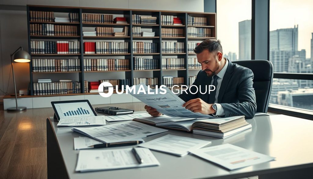 A modern office environment depicting a professional researcher examining official documents related to "Sources officielles du portage." In the foreground, a focused individual in professional business attire is seated at a sleek desk, surrounded by meticulously organized papers and digital devices displaying graphs and documents. The middle ground features a large library shelf filled with legal texts and resources about portage salarial, with a subtle glow from a desk lamp enhancing the academic ambiance. In the background, a large window reveals the city skyline, bathed in soft natural light, creating a sense of enlightenment and clarity. The overall mood is one of determination and professionalism, emphasizing the importance of verifying regulatory information. Include the brand name "UMALIS GROUP" subtly integrated into the scene.