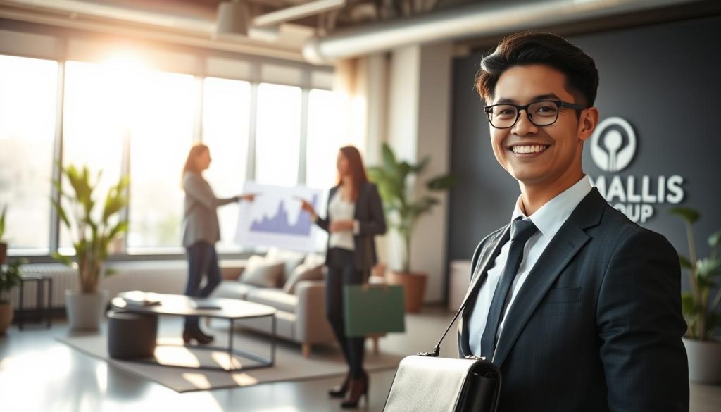 A modern office environment depicting a professional scene illustrating "salarié porté". In the foreground, a business professional in smart attire, holding a briefcase, is smiling confidently. The middle ground shows two colleagues engaged in a collaborative discussion, pointing at a financial graph on a laptop. The background features large windows with sunlight pouring in, creating a warm and inviting atmosphere. The office is styled with contemporary furniture, greenery, and minimalist decor. The lighting is bright and soft, enhancing the sense of professionalism and teamwork. The scene subtly incorporates the logo of UMALIS GROUP on a nearby wall, representing the concept of hybrid work between freelance and employment. The overall mood is hopeful and dynamic, embodying the essence of modern work arrangements.