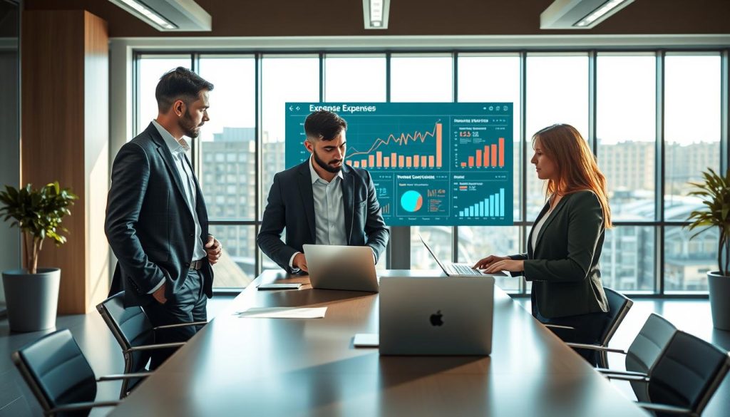 A modern office environment depicting a professional setting focused on managing business expenses. In the foreground, a diverse group of three professionals – two men and one woman – dressed in business attire, engaged in a discussion. They are examining documents and a laptop on a sleek conference table. The middle ground features a large digital screen displaying graphs and charts related to expense management and financial analysis. In the background, large windows allow natural light to flood the room, creating an open and airy atmosphere. The mood is collaborative and focused, highlighting the importance of efficiently managing professional costs in the context of portage salarial. The lighting is bright and warm, enhancing the professional yet approachable vibe of the scene. A modern office environment depicting a professional setting focused on managing business expenses. In the foreground, a diverse group of three professionals – two men and one woman – dressed in business attire, engaged in a discussion. They are examining documents and a laptop on a sleek conference table. The middle ground features a large digital screen displaying graphs and charts related to expense management and financial analysis. In the background, large windows allow natural light to flood the room, creating an open and airy atmosphere. The mood is collaborative and focused, highlighting the importance of efficiently managing professional costs in the context of portage salarial. The lighting is bright and warm, enhancing the professional yet approachable vibe of the scene.