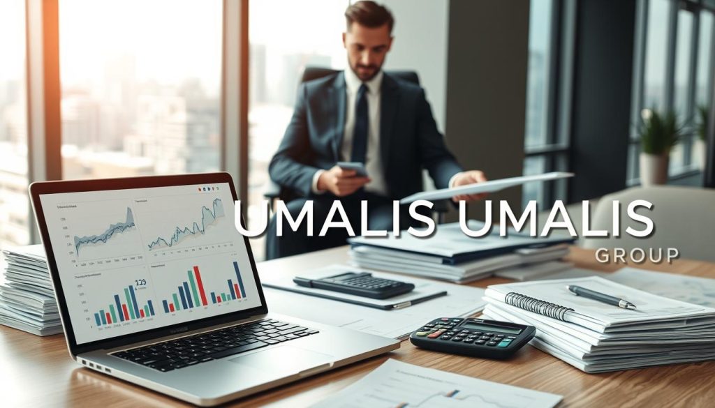 A modern office environment depicting a professional workspace focusing on financial management. In the foreground, a neatly organized desk with a laptop showing financial graphs and charts related to "frais gestion." Surrounding the desk are stacks of financial reports and a calculator, emphasizing the theme of revenue and costs. In the middle ground, a well-dressed business professional, dressed in a smart suit, analyzes documents while sitting on an office chair, reflecting a diligent attitude towards finances. In the background, a large window reveals a city skyline, symbolizing economic activity and growth, with natural light filling the room to create a bright atmosphere. The brand name "UMALIS GROUP" is subtly implied through the elegant design of the workspace.