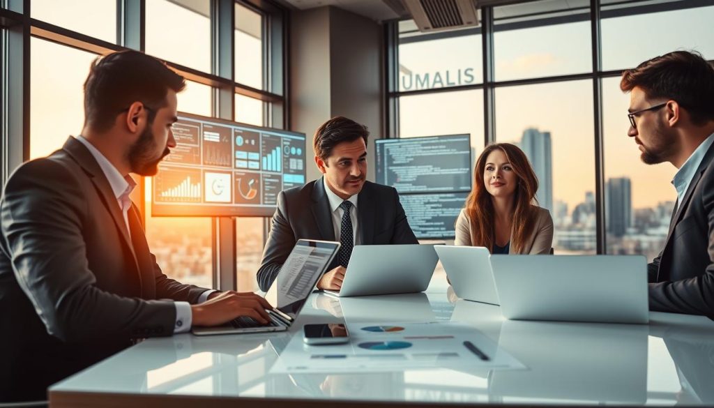 A modern office environment depicting a team of IT consultants engaged in dynamic discussions. In the foreground, a diverse group of three professionals—two men and a woman—all dressed in smart business attire, are gathered around a high-tech conference table with laptops open, showing charts and data visualizations. The middle ground features digital screens displaying complex IT project plans and coding languages. The background includes large windows revealing a cityscape bathed in soft afternoon light, creating a warm and inspiring atmosphere. Subtle hints of the "UMALIS GROUP" brand can be integrated into the workspace decor. The mood is collaborative and focused, reflecting the essence of IT consultancy and innovative problem-solving.
