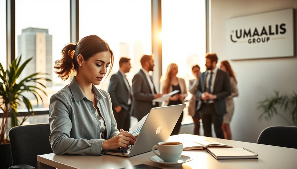 A modern office environment depicting the concept of "portage salarial" and freelancing. In the foreground, a professional-looking woman in business attire is analyzing charts and graphs on a laptop, representing freelance work. In the middle ground, a group of diverse individuals, dressed in smart casual clothing, are engaged in discussions, illustrating collaboration and networking. The background shows a city skyline through large windows, bathed in soft natural light, creating an atmosphere of professionalism and opportunity. The lighting is bright yet warm, enhancing the inviting mood of independence and growth. Subtle elements related to finance and freelance work, including a cup of coffee, a notebook, and the brand logo "UMALIS GROUP" displayed on a stylish wall art piece, complete the scene.